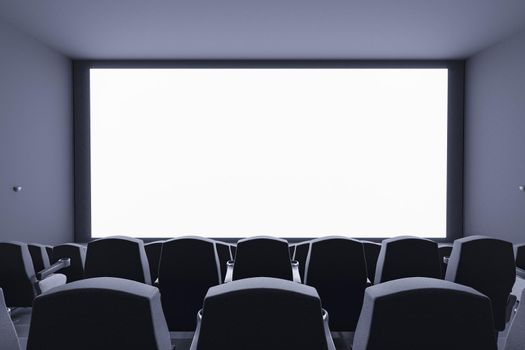 3d illustration of cinema auditorium with rows of empty seats and white screen for premiere poster