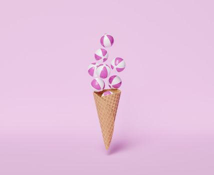 cookie ice cream cone with beach balls floating on top. concept of summer, vacation, cool, heat, food and fun. 3d rendering
