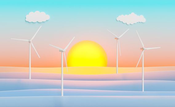 wind farm on studio background with artificial sea and sunset. concept of climate change and renewable energies. 3d rendering