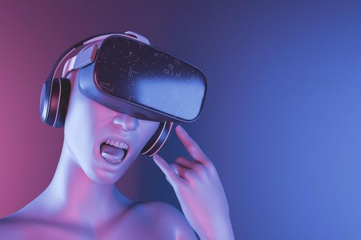 3d portrait of a girl with rocker expression and virtual reality glasses with headset. metaverse and music concept. 3d rendering