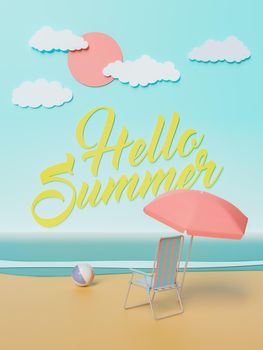 HELLO SUMMER sign on an artificial beach in a studio. concept of summer arrival, vacations, travels and relax. 3d rendering