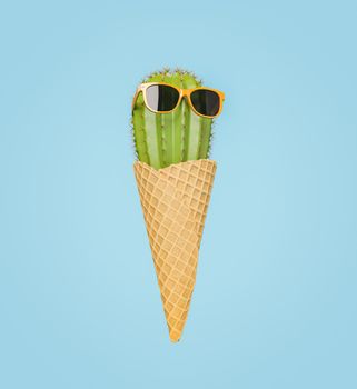 ice cream cone with a cactus with sunglasses on blue background. 3d rendering