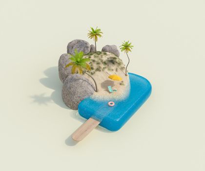 sea in the shape of ice cream and a beach with vacation accessories. summer concept, vacation, resorts, tropical, travel and cool. 3d rendering