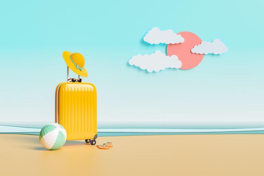 travel suitcase with hat and beach ball on an artificial beach studio. concept of vacation, travel, summer and beach. 3d rendering
