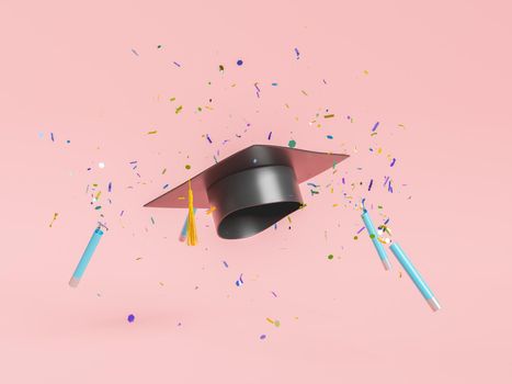 3d illustration of graduation cap and explosion of bright confetti for celebrating receiving academic degree or diploma on pink background