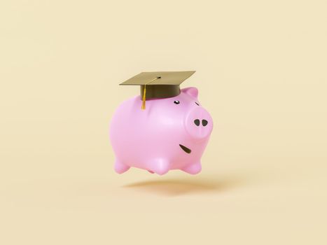 3d illustration of jumping happy piggy money bank in academic cap for education investment concept on light beige background