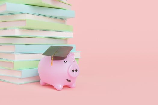 3d illustration of smiling piggy bank in graduation cap near pile of books for concept of saving money and education isolated on light pink background