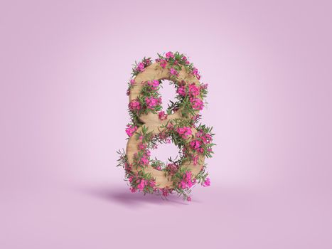 wooden number 8 with flowers. concept of may 8, mother's day. 3d rendering