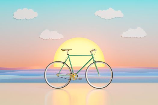 bike with artificial beach at sunset in a studio. summer summer concept, walking, travel, outdoor sports. 3d rendering