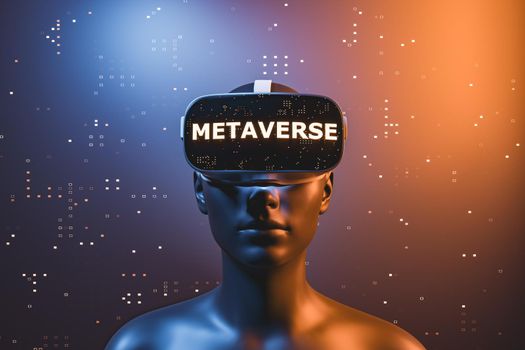 3d character of a girl with virtual reality glasses with the word METAVERSE. metaverse concept, future, play to earn, cryptocurrencies, technology and vr . 3d rendering