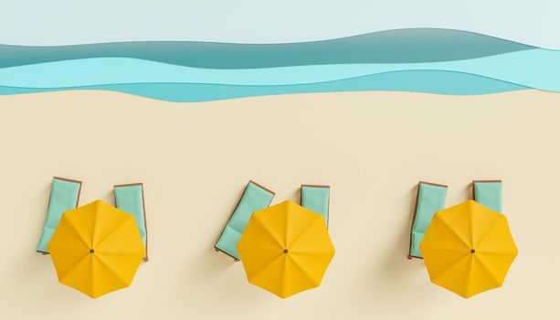 top view of umbrellas and loungers on an artificial beach studio. summer concept, beach, vacations, travel, resorts and relaxation. 3d rendering