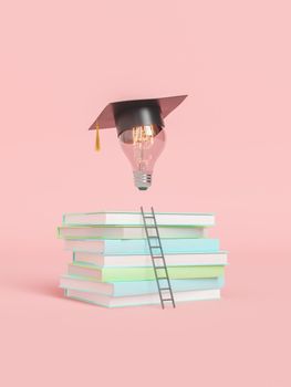 3d illustration of heap of textbooks for studying with ladder leading to glowing light bulb in graduation cap on pink background