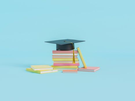 3d illustration with stack of textbooks under graduation cap representing concept of education and learning on light blue background