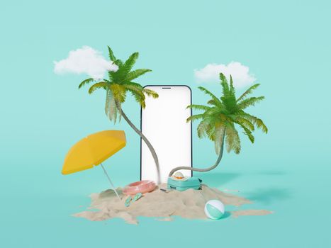 mobile phone screen with palm trees coming out and beach sand underneath with summer travel accessories. 3d rendering