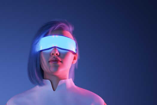 3d illustration of female using bright futuristic VR glasses for exploring cyberspace and Metaverse on dark blue background