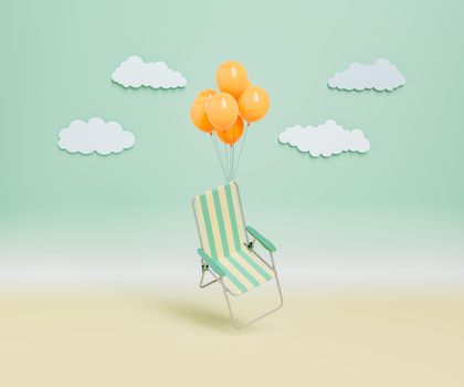 beach chair floating with balloons on a minimal background of artificial sky. concept of summer, vacation, beach, enjoy and travel. 3d rendering