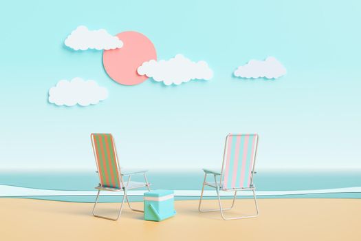 couple of beach chairs on a cartoon beach landscape. concept of summer, vacation, couple, travel and relaxation. 3d rendering