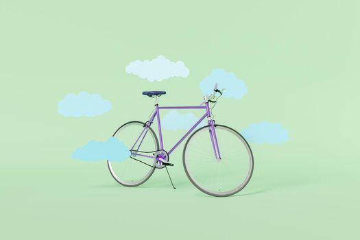 retro bike with flat clouds around. minimalistic concept for ride, sport, summer and activities. 3d rendering