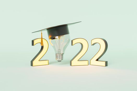 Creative 3d illustration of glowing lightbulb in graduation cap of 2022 year on light blue background