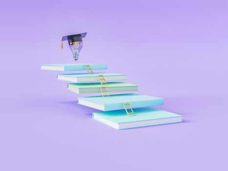 3d illustration of stack of books with little ladders and light bulb in graduation hat on top against violet background