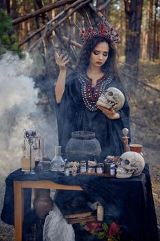 Attractive, wicked, long-haired witch in a black, long embroidered dress. There is large red crown in her brown, curly hair. She is holding a magic wand and a skull while posing in a pine forest standing by the table with accessories for spells and witchcraft, smoke. Potion is brewed in a black pot. Close-up.