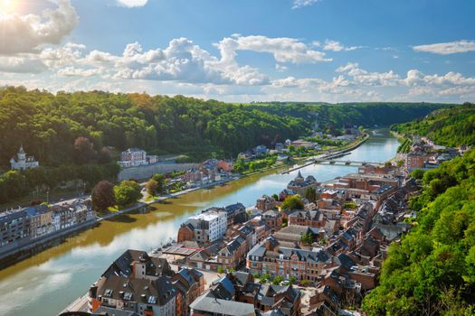 Aerial view of Dinant town, Collegiate Church of Notre Dame de Dinant, River Meuse and Pont Charles de Gaulle bridge from Dinant Citadel. Belgium