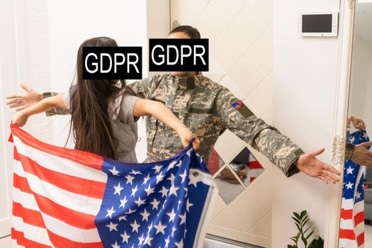 GDPR - General Data Protection Regulations Military concept. Soldier offers a padlock with gdpr word surrounded stars. European Data Security System