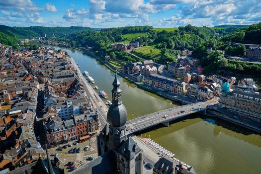 Aerial view of Dinant town, Collegiate Church of Notre Dame de Dinant, River Meuse and Pont Charles de Gaulle bridge from Dinant Citadel. Dinant, Belgium