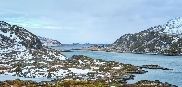 Panorama of norwegian fjord in winter, Lofoten islands, Norway