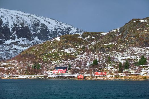 Traditional red rorbu houses on fjord shore in snow in winter. Lofoten islands, Norway