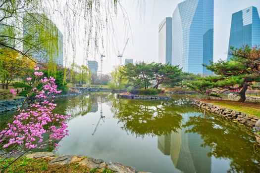 Yeouido Park public park with pond in Seoul, Korea