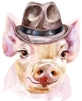Cute piggy in brown hat. Pig for T-shirt graphics. Watercolor pink mini pig illustration