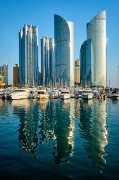 Busan marina with yachts, Marina city skyscrapers with reflection, South Korea