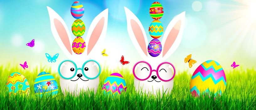 Easter composition with rabbit. Festive decoration. Happy Easter. 3d illustration