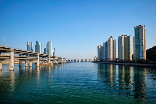 Busan Marine city skyscrapers and Gwangan Bridge, South Korea