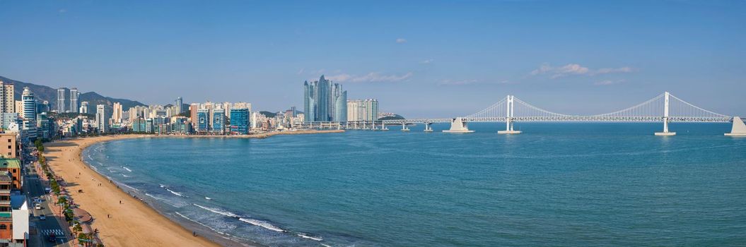 Panorama of Gwangalli Beach in Busan, South Korea. Aerial view