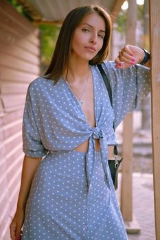 Nice blonde lady in a long blue dress with polka-dots, watch, with a pendant around her neck and a small black handbag on her shoulder is looking at the camera, standing leaning on a wooden post while walking alone in the city. The concept of fashion and style. Close-up shot.