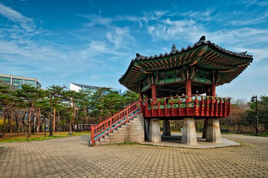 Pavillion in Korean style in Yeouido Park public park in Seoul, Korea