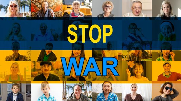 faces collage with flag ukraine. stop war.