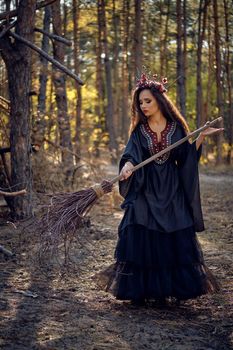 Cute, wicked, long-haired sorceress in a black, long embroidered dress. There is large red crown in her brown, curly hair. She is posing with her broom in a pine forest. Spells, magic and witchcraft. Full length portrait.