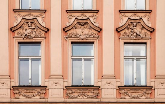 Architecture detail, windows of an old building, Prague, Czech Republic