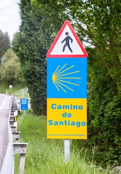 Road sign of Camino de Santiago, pilgrimage route to the Cathedral of Santiago de Compostela