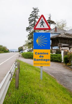 Road sign of Camino de Santiago, pilgrimage route to the Cathedral of Santiago de Compostela