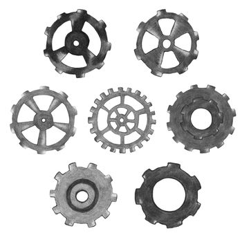 Set of Hand-Drawn Steampunk Gear Transmission Element Isolated on White Background. Collection of Metal Gear Illustration Drawn by Colored Pencil.