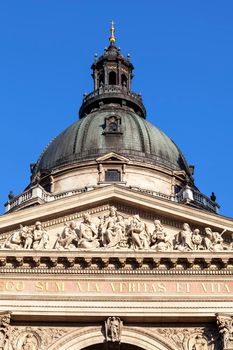 Dome of St. Stephen's Basilica in Budapest, Hungary. The text on the facade is Latin for -I am the way and the truth and the life-