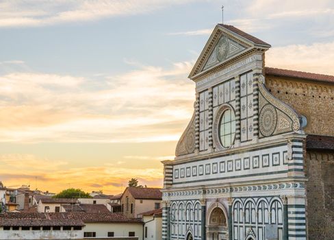 Florence, Italy. Sunset light on Santa Maria Novella - Holy Mary Church - nobody and copy space