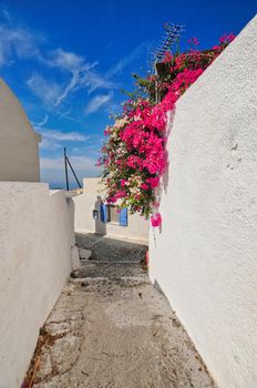 Pyrgos, Santorini, Greece. Famous attraction of white village with cobbled streets, Greek Cyclades Islands, Aegean Sea.