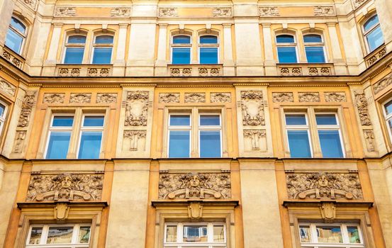 Architecture detail, windows of an old building, Prague, Czech Republic