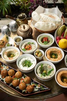 mixed middle eastern meze vegetarian food sharing platter in istanbul turkish restaurant