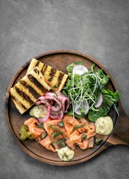 fresh smoked salmon gourmet scandinavian food appetizer platter in sweden restaurant